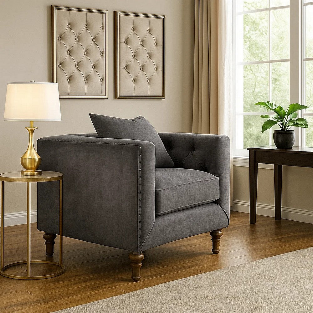 Fabric Upholstered Wooden Sofa Chair with Nail Head Trim, Gray