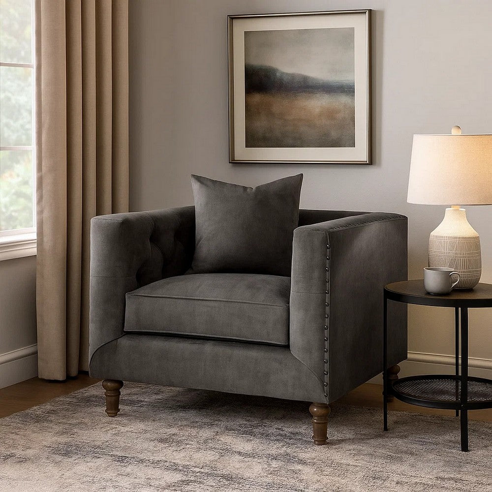 Fabric Upholstered Wooden Sofa Chair with Nail Head Trim, Gray