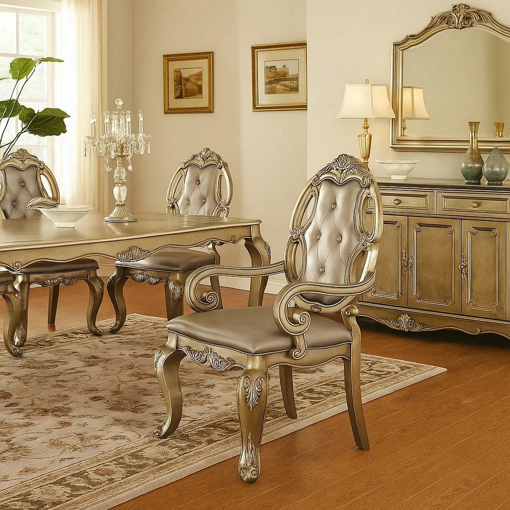 Wood and Fabric Dining Chairs with Armrests, Set of 2, Brown and Champagne