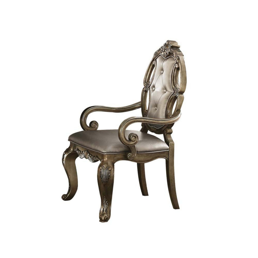 Wood and Fabric Dining Chairs with Armrests, Set of 2, Brown and Champagne