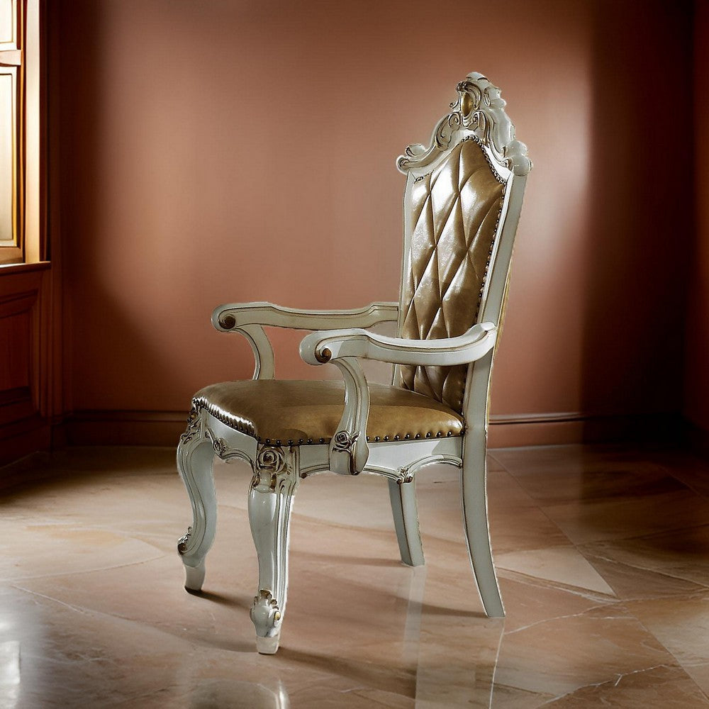 Wood & Leather Dining Chairs | Armrests | Set of 2 | White & Brown