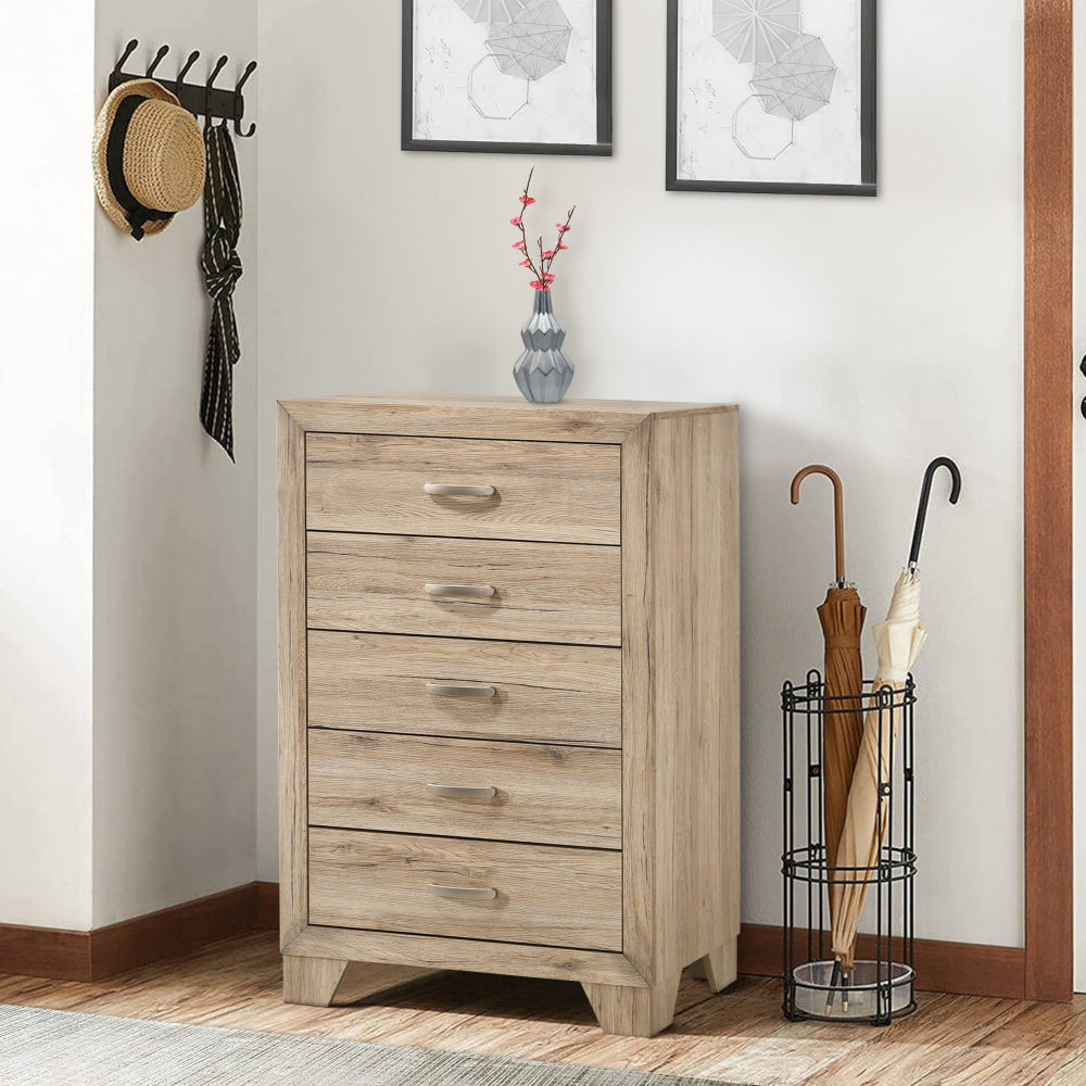 Wood Tall Dresser Chest | 5 Storage Drawers | Brown