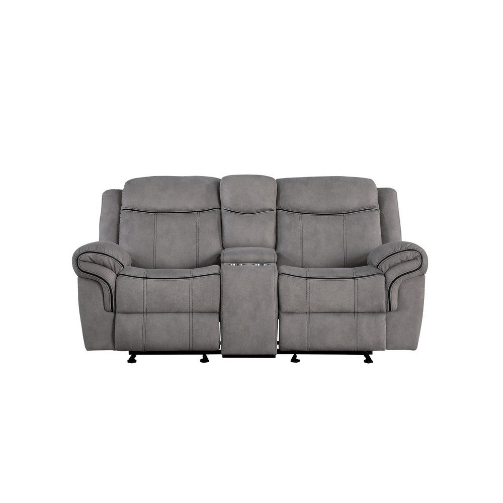 Fabric Upholstered Metal Reclining Loveseat with Center Console Gray BM218581