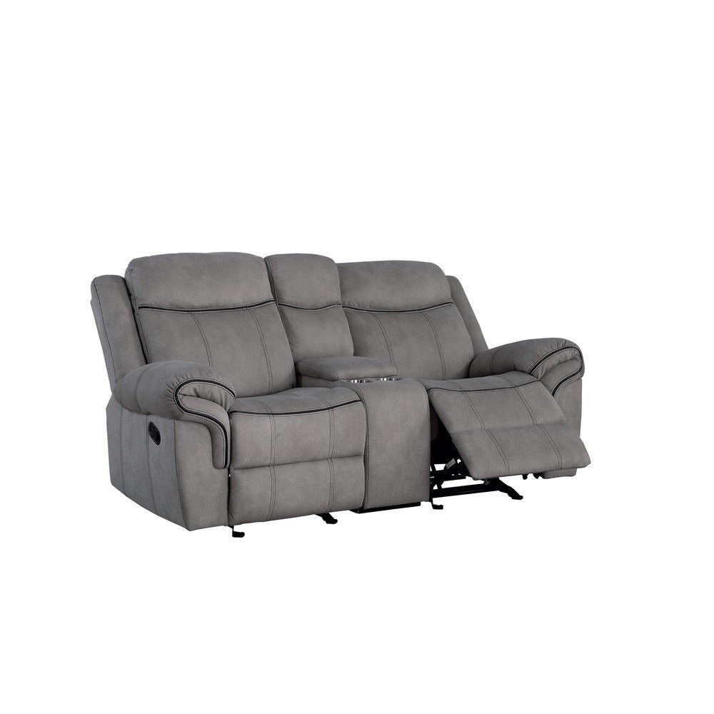 Fabric Upholstered Metal Reclining Loveseat with Center Console Gray BM218581