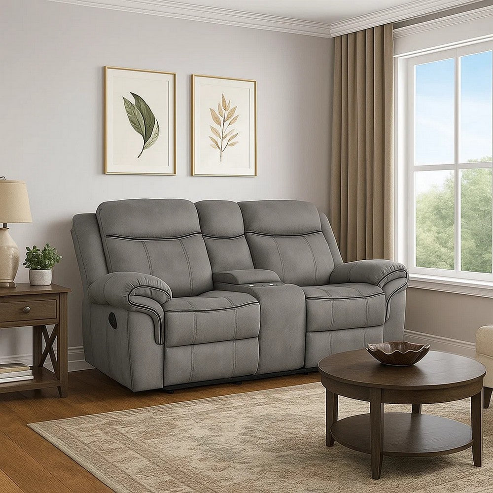 Fabric Upholstered Metal Reclining Loveseat with Center Console, Gray