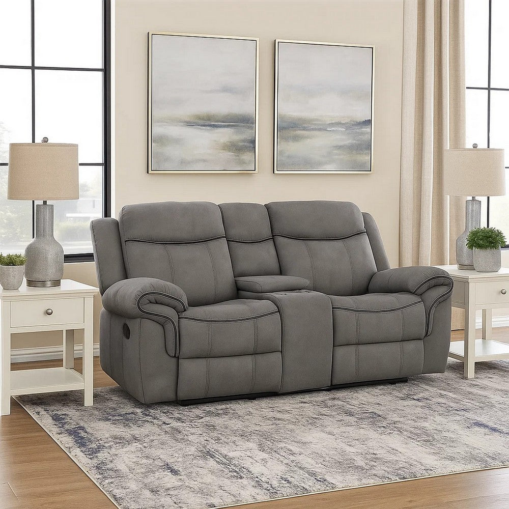 Fabric Upholstered Metal Reclining Loveseat with Center Console, Gray