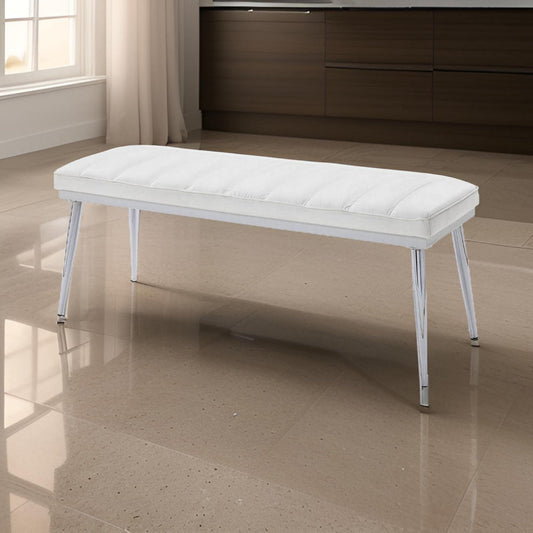 47" Upholstered Channel Tufted Bench, White and Silver By Casagear Home
