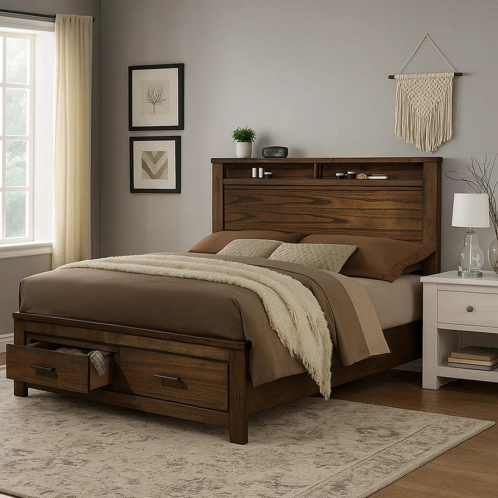 King Bed | Wood Frame | Open Shelves & Drawers | Brown
