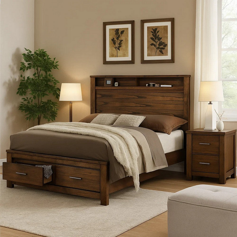 King Bed | Wood Frame | Open Shelves & Drawers | Brown