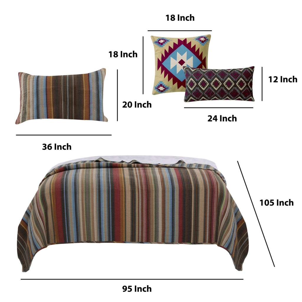 Stripe Pattern Cotton Quilt Set with 2 Pillows and 2 Quilt Shams,Multicolor By Casagear Home BM218761