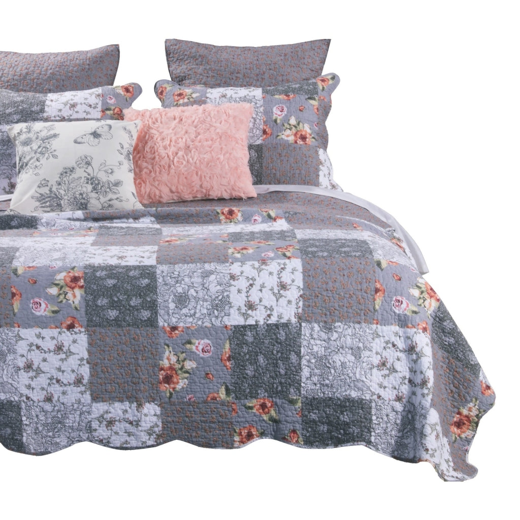 3 Piece Microfiber Queen Size Quilt Set with Floral Prints Multicolor By Casagear Home BM218785