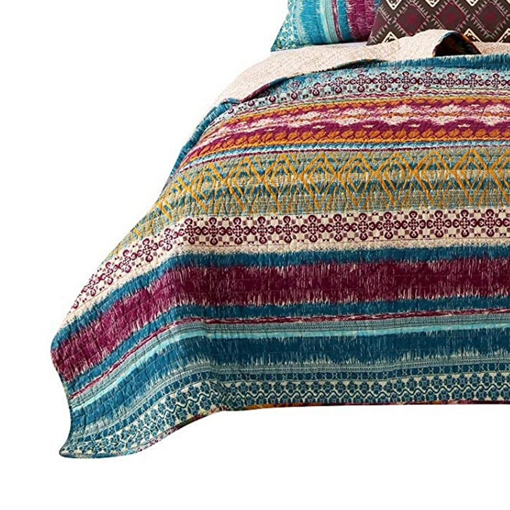 Tribal Print Full Quilt Set with Decorative Pillows, Multicolor By Casagear Home