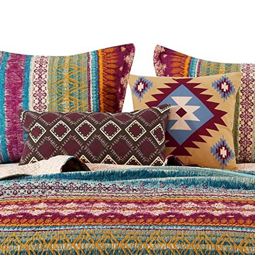 Tribal Print Full Quilt Set with Decorative Pillows, Multicolor By Casagear Home