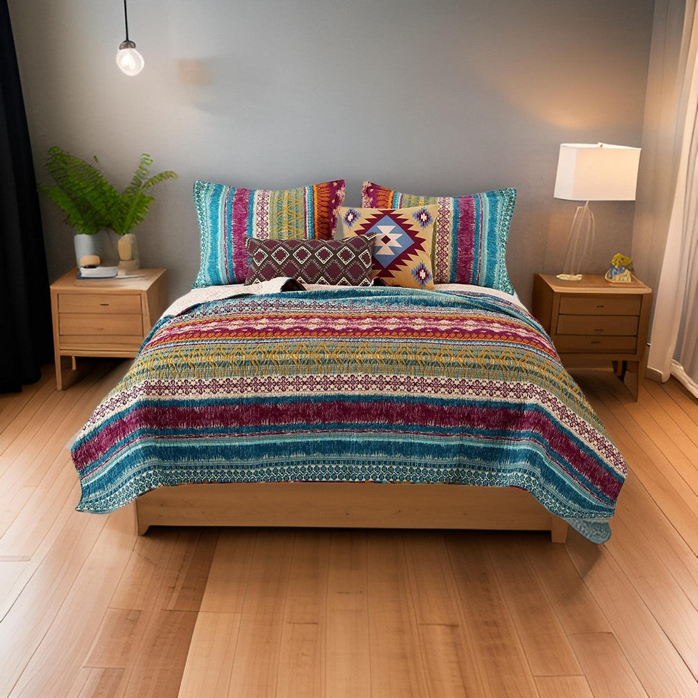King Quilt Set | Tribal Print | Decorative Pillows | Multicolor