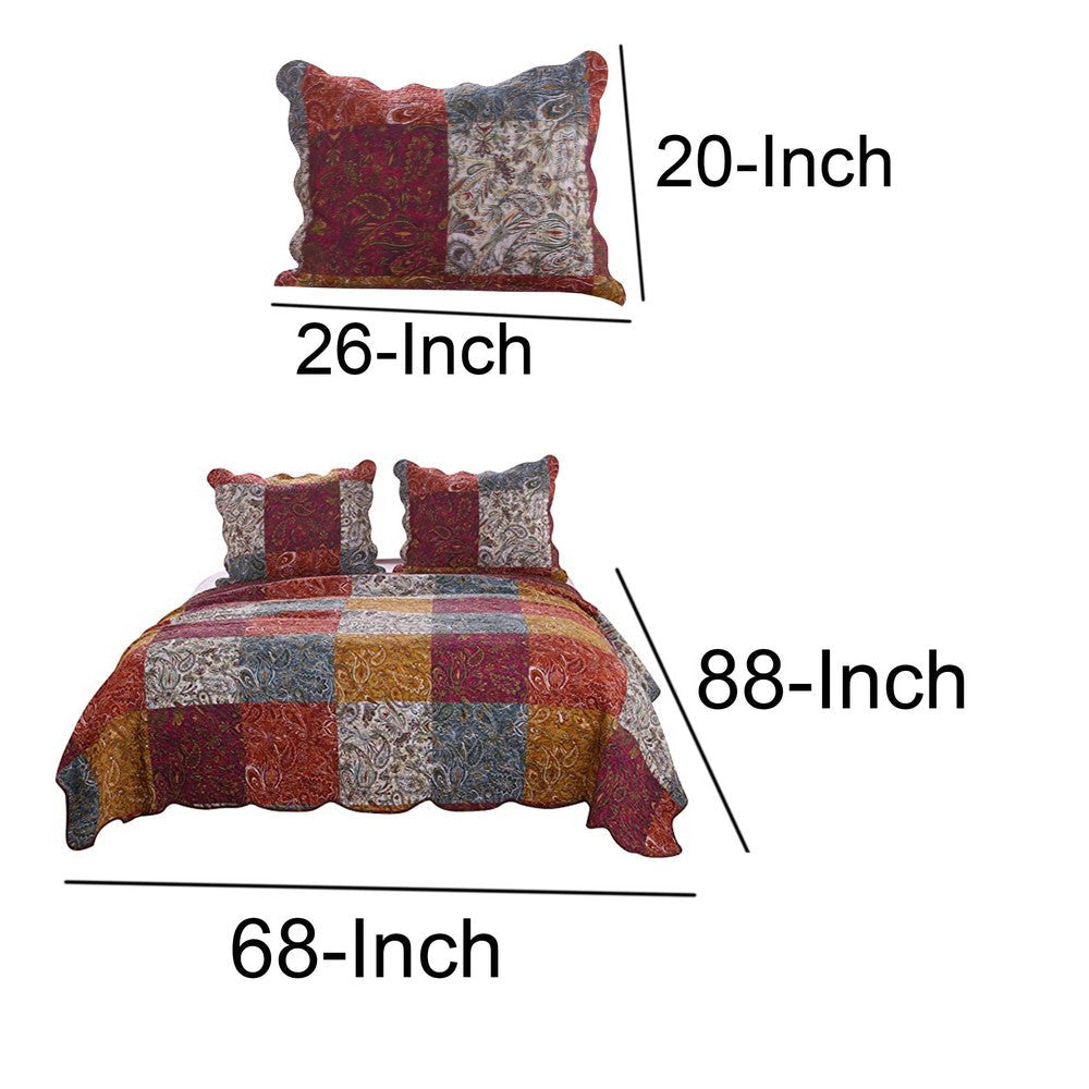 2 Piece Cotton Twin Size Quilt Set with Paisley Print, Multicolor By Casagear Home