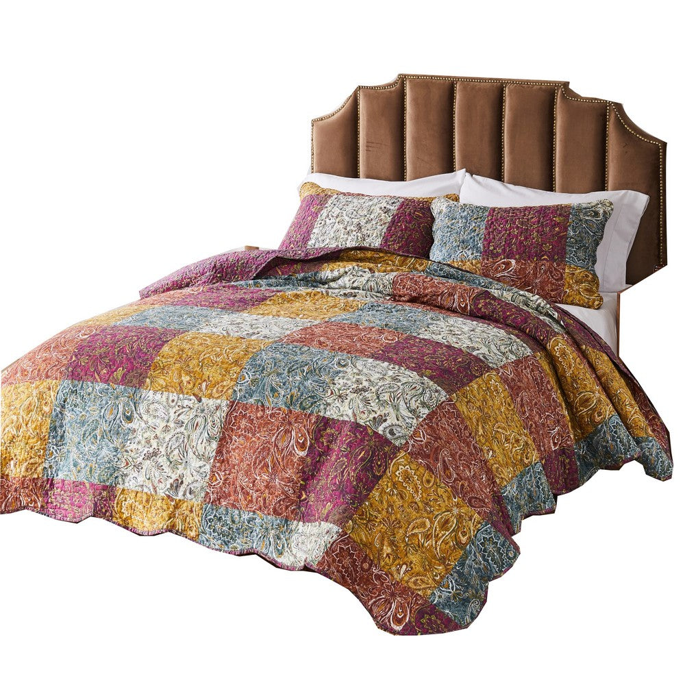 2 Piece Cotton Twin Size Quilt Set with Paisley Print Multicolor By Casagear Home BM218831