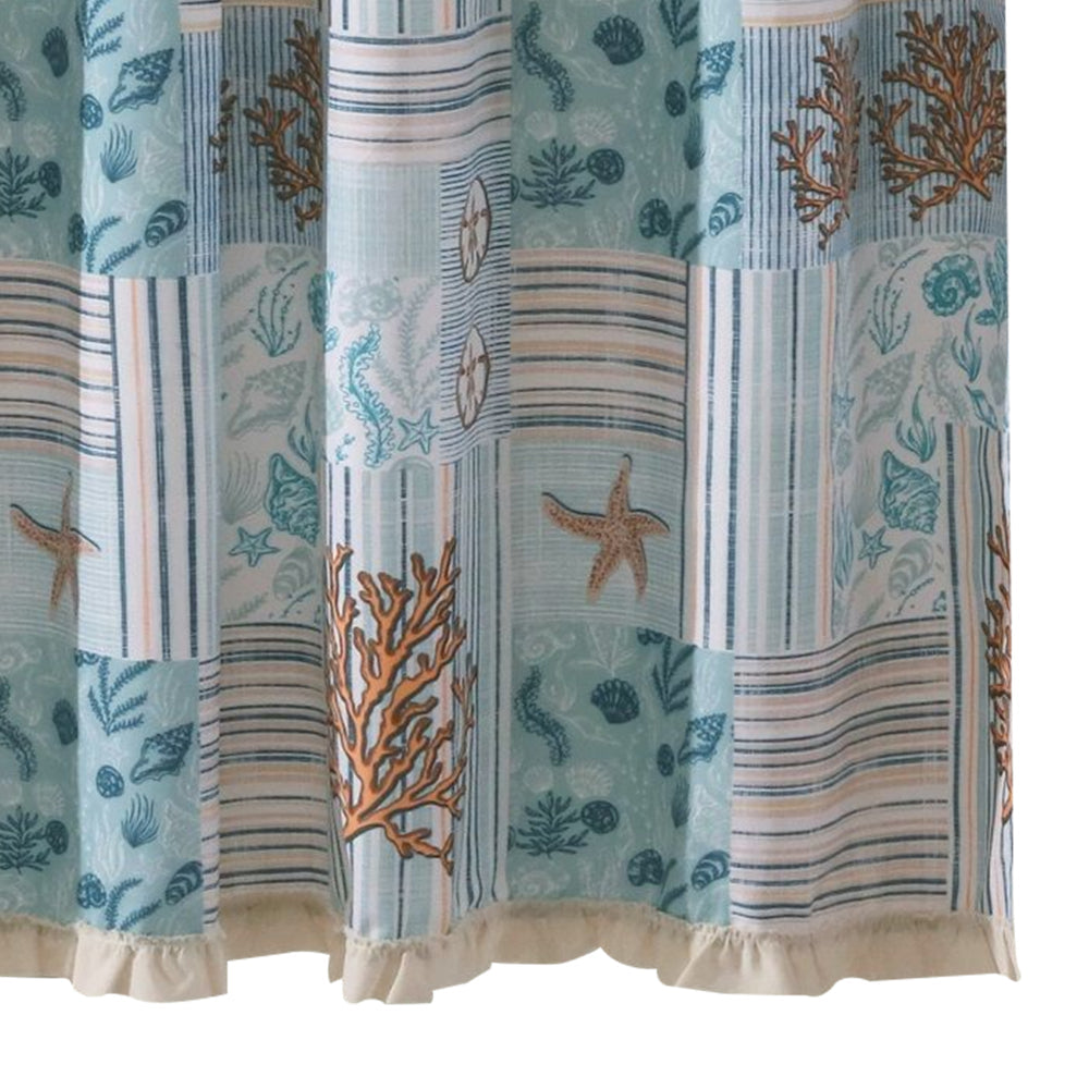 Sea Life Print Shower Curtain with Button holes Blue and Brown By Casagear Home BM218852
