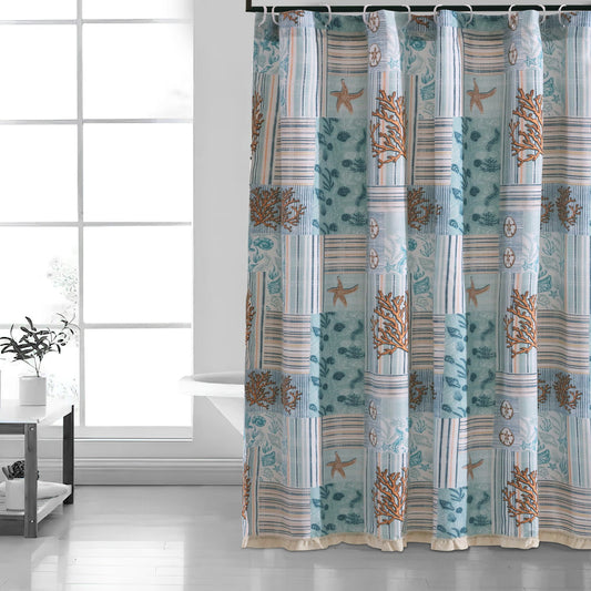 Sea Life Print Shower Curtain with Button holes, Blue and Brown By Casagear Home