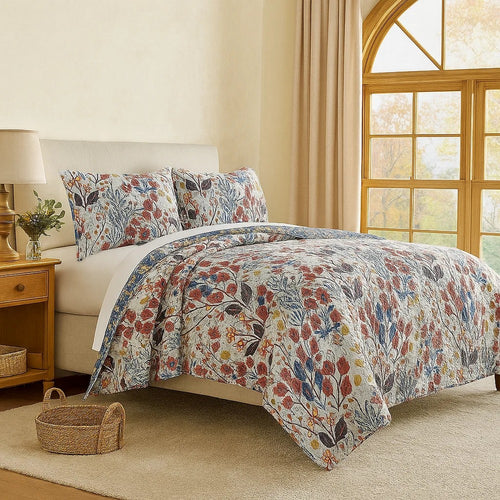 King Quilt Set | 3 Piece | Polyester | Floral Prints | Multicolor