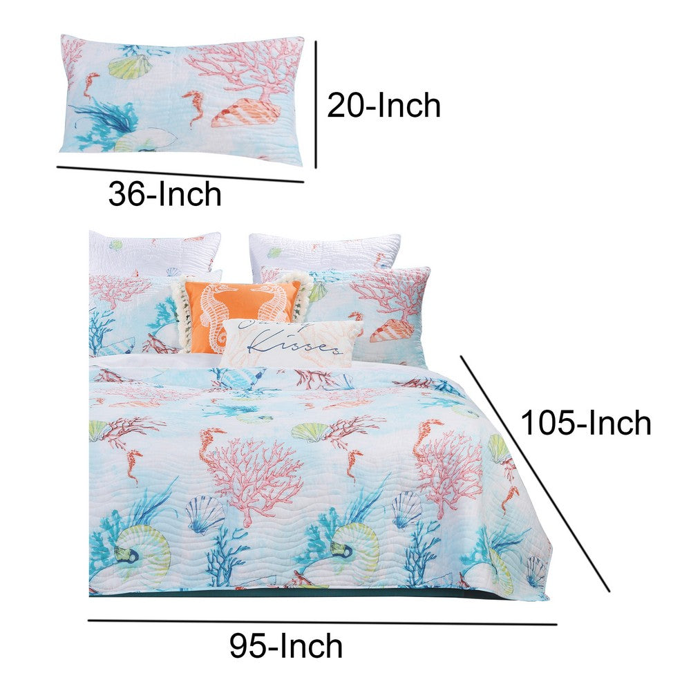 King Size 3 Piece Polyester Quilt Set with Coral Prints, Multicolor By Casagear Home