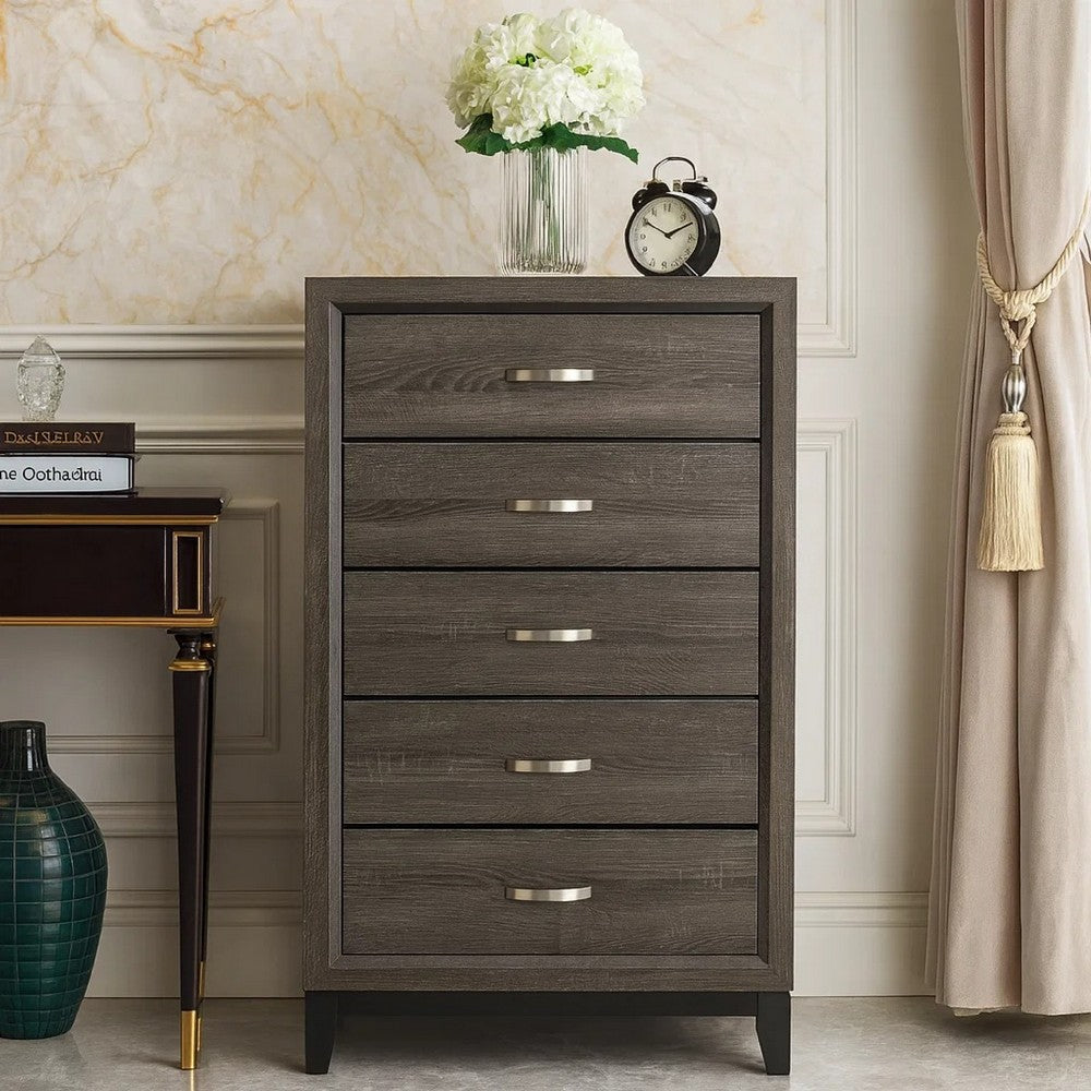Wood Tall Dresser Chest | 5 Drawer | Grain Details | Chamfered Feet | Gray