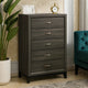 Wood Tall Dresser Chest | 5 Drawer | Grain Details | Chamfered Feet | Gray
