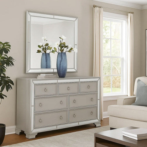 Wood Dresser | 7 Drawer | Mirror Trim | Ring Pull Handles | Silver