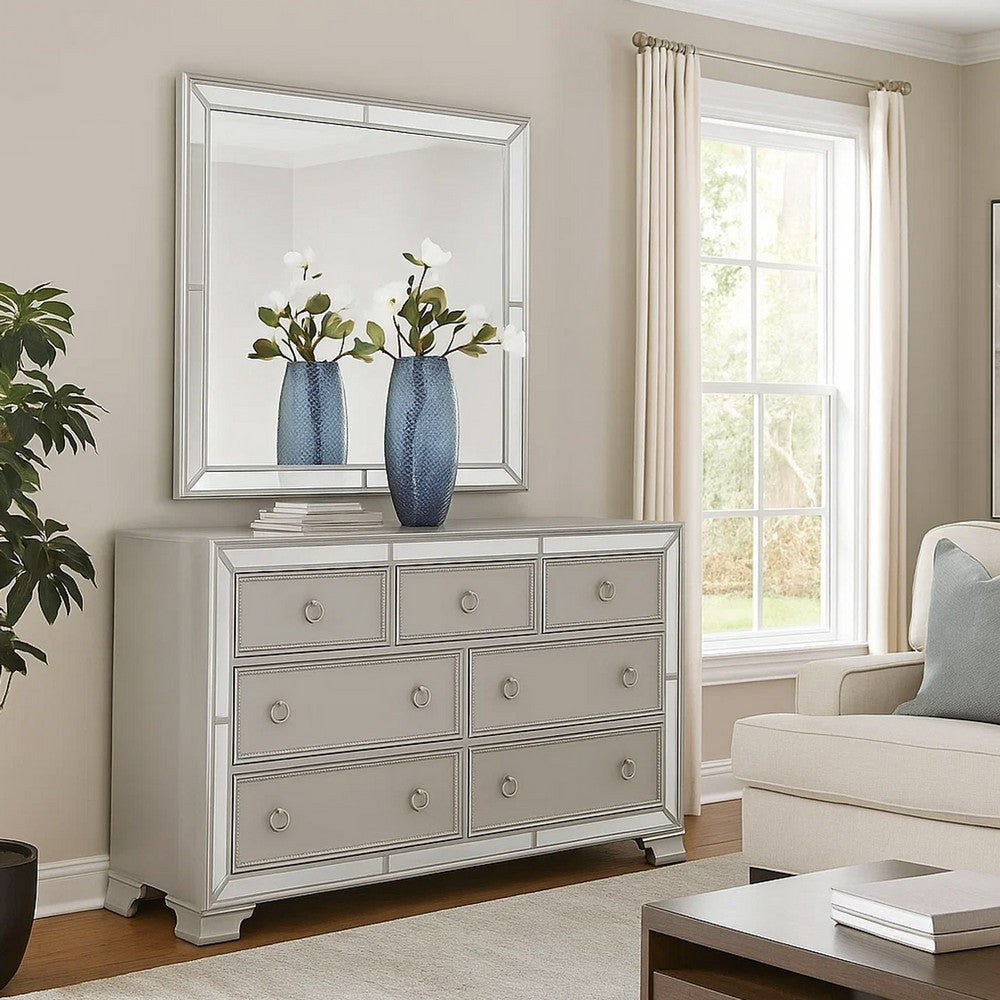 Wood Dresser | 7 Drawer | Mirror Trim | Ring Pull Handles | Silver