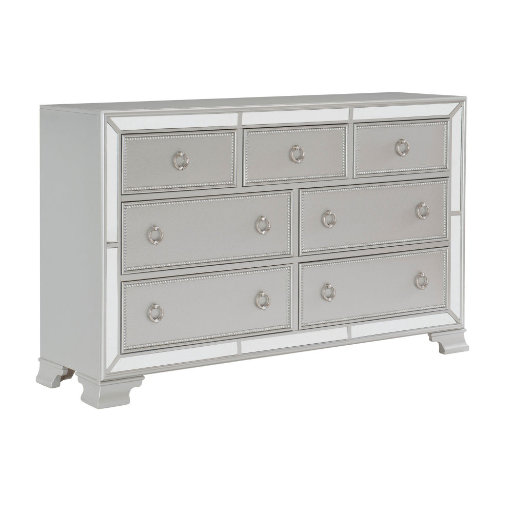 Wood Dresser | 7 Drawer | Mirror Trim | Ring Pull Handles | Silver