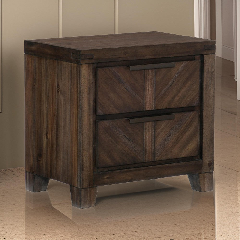 Wood Nightstand | 2 Drawer | Antique Handles | Chamfered Feet | Brown