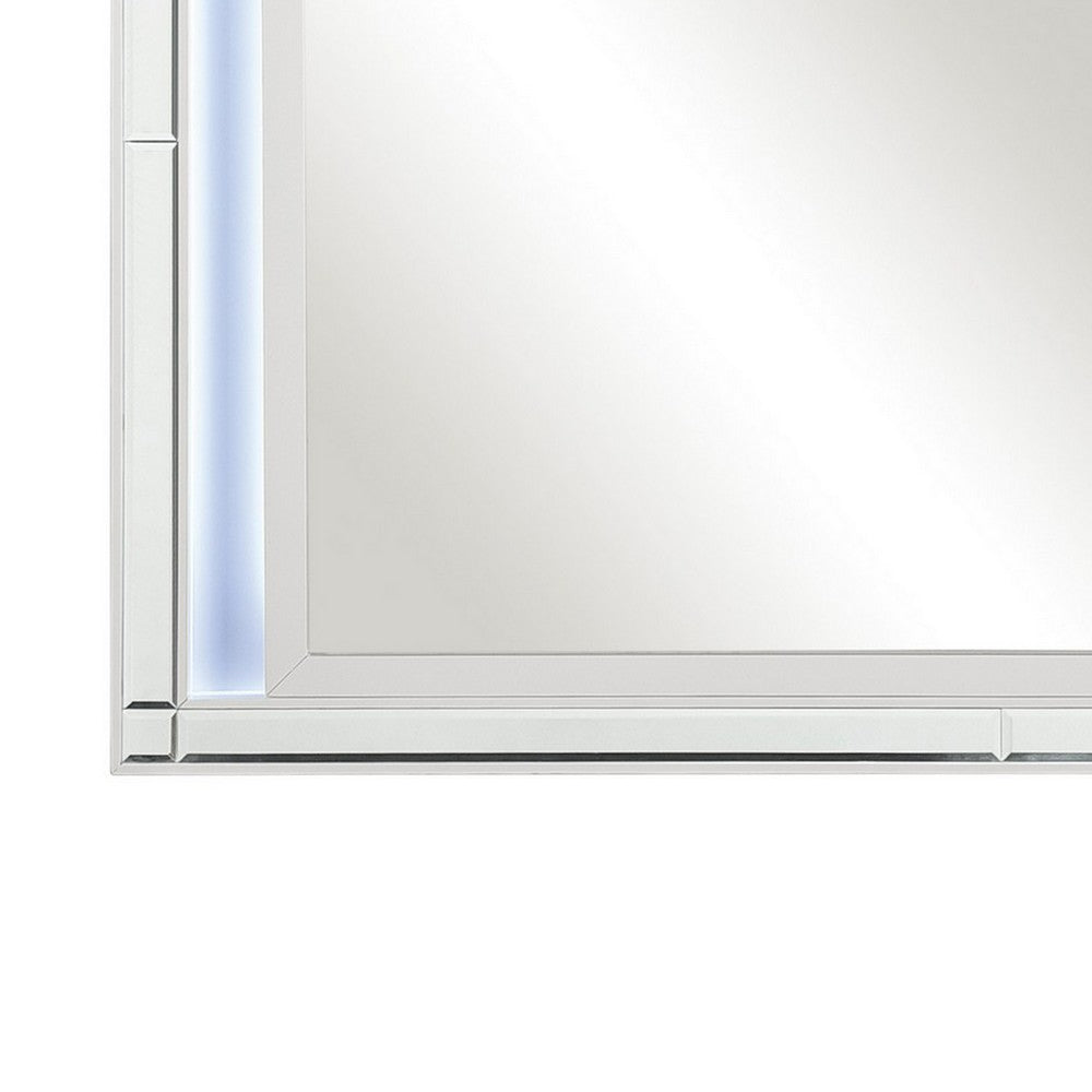Contemporary Style Beveled Edge Mirror with LED Light, White and Silver By Casagear Home