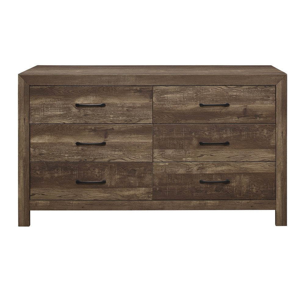 6 Drawer Rustic Wooden Double Dresser with Block Legs Support Brown BM219068