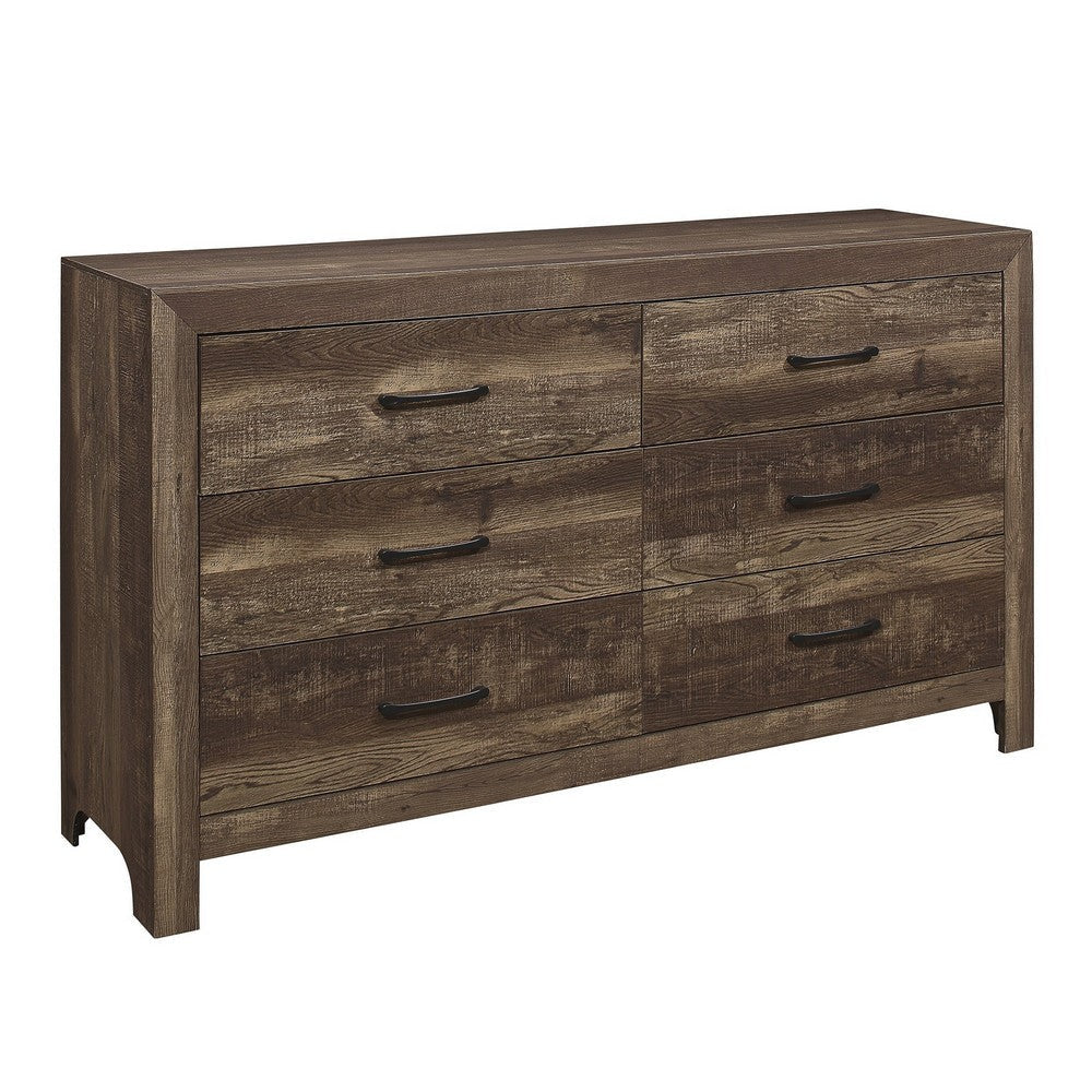 6 Drawer Rustic Wooden Double Dresser with Block Legs Support, Brown