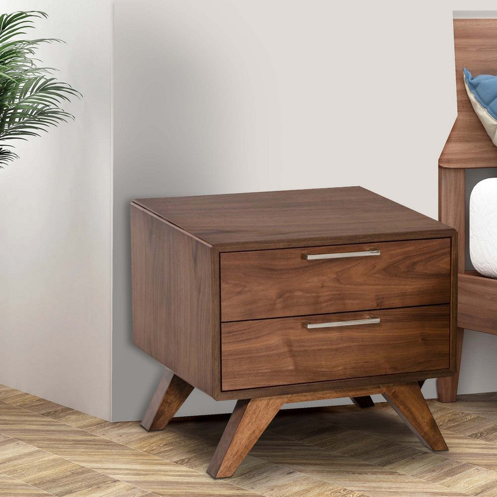 Wood Nightstand | 2 Drawer | Metal Bar Handles | Angled Legs | Brown