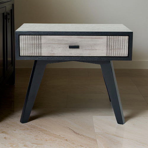 Wood Nightstand | 1 Drawer | Angled Legs | Rough Sawn Texture | Gray