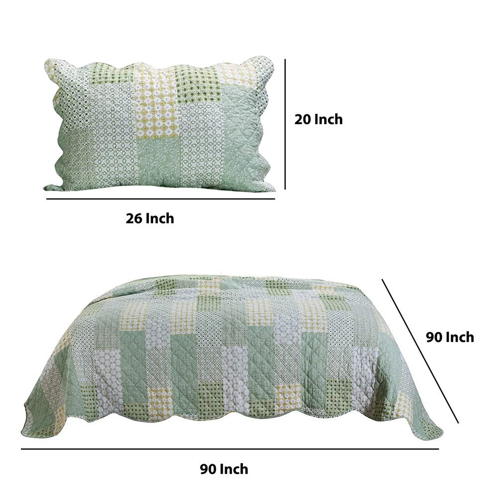 Reversible Fabric Queen Size Quilt Set with Geometric Pattern Motifs,Green By Casagear Home