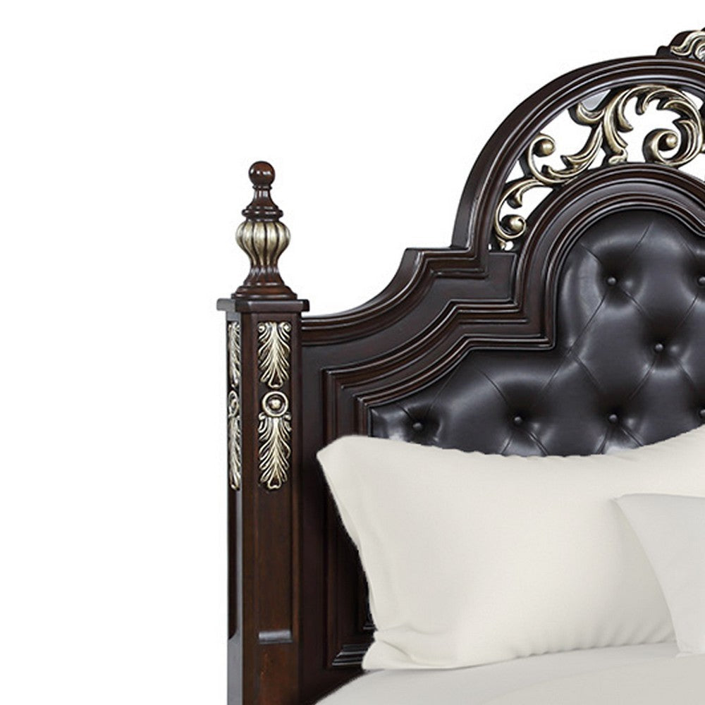 Leatherette and Wood Queen Headboard with Carving and Mirror Inlay Brown By Casagear Home BM219491