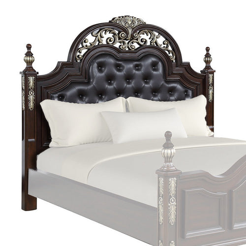 Queen Headboard | Faux Leather & Wood | Carving & Mirror Inlay | Brown