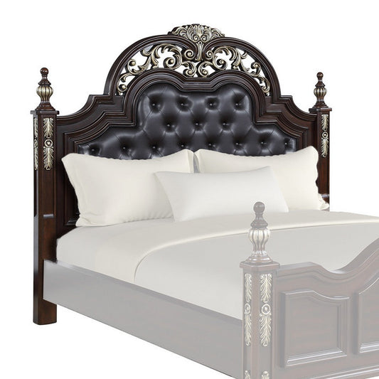 Queen Headboard | Faux Leather & Wood | Carving & Mirror Inlay | Brown