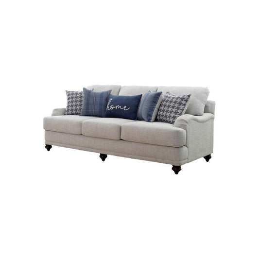 Fabric Sofa | Upholstered | Sloped Armrests | Turned Legs | Light Gray