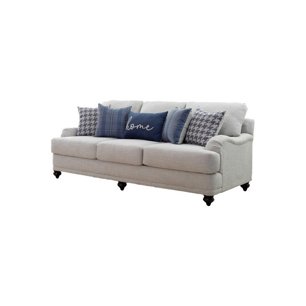Fabric Sofa | Upholstered | Sloped Armrests | Turned Legs | Light Gray