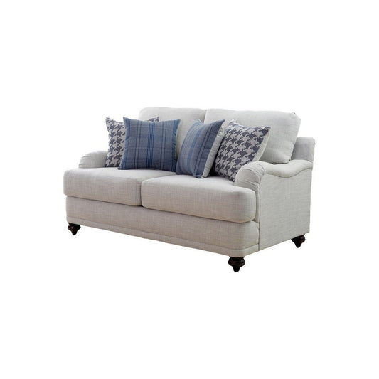 Fabric Loveseat | Upholstered | Sloped Armrests | Turned Legs | Light Gray
