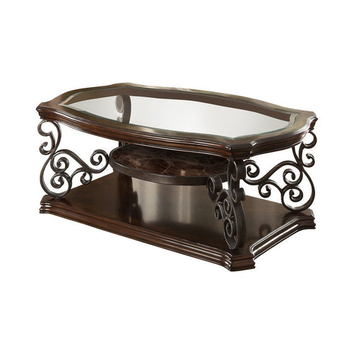Wood Coffee Table | Tempered Glass Top | Ornate Metal Scrollwork | Brown