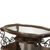 Wood Coffee Table | Tempered Glass Top | Ornate Metal Scrollwork | Brown