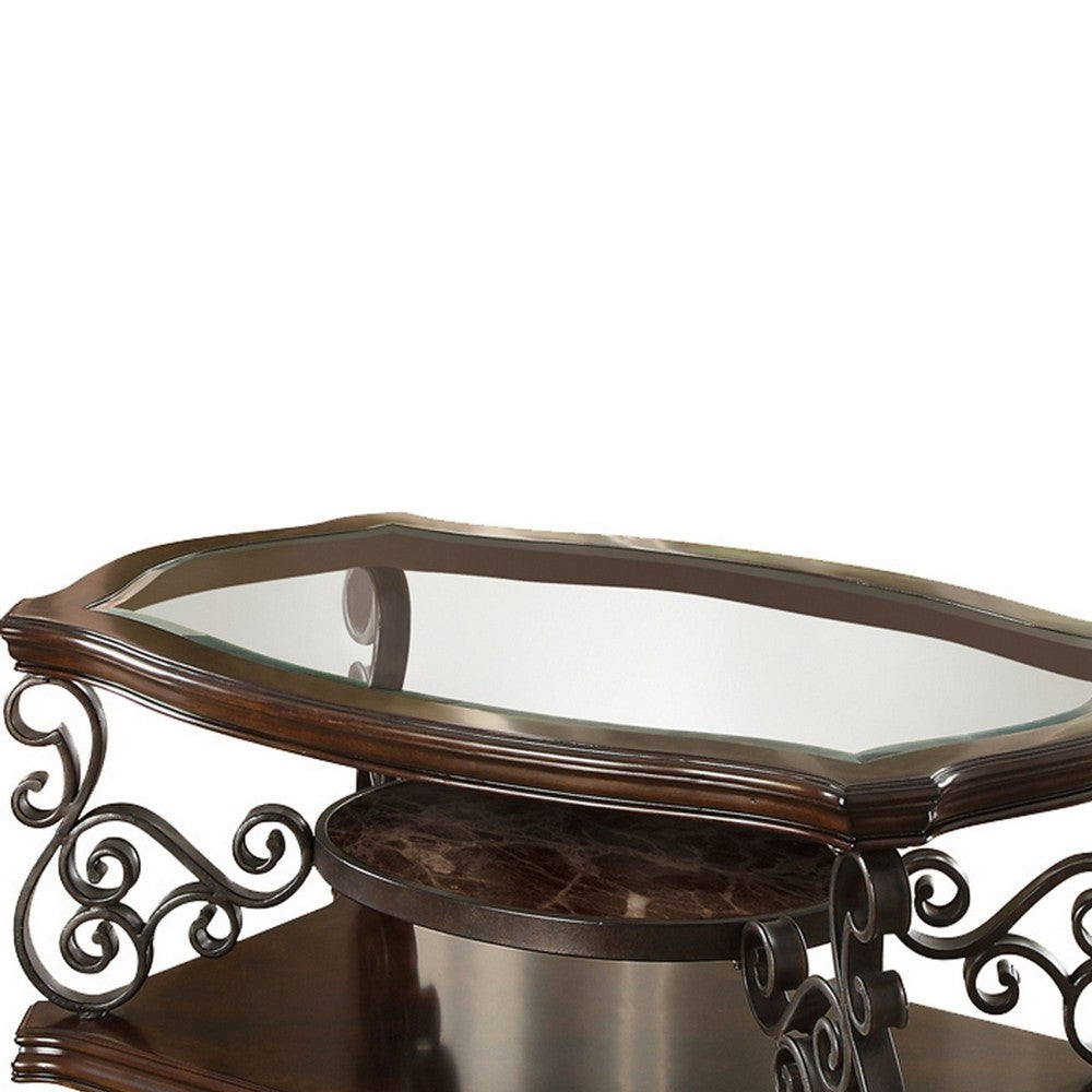 Wood Coffee Table | Tempered Glass Top | Ornate Metal Scrollwork | Brown