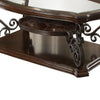 Wood Coffee Table | Tempered Glass Top | Ornate Metal Scrollwork | Brown