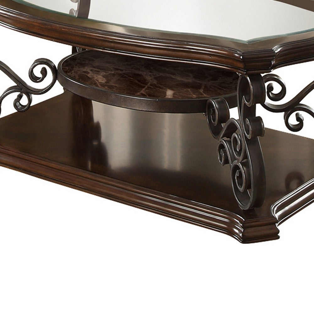 Wood Coffee Table | Tempered Glass Top | Ornate Metal Scrollwork | Brown