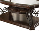 Wood Coffee Table | Tempered Glass Top | Ornate Metal Scrollwork | Brown