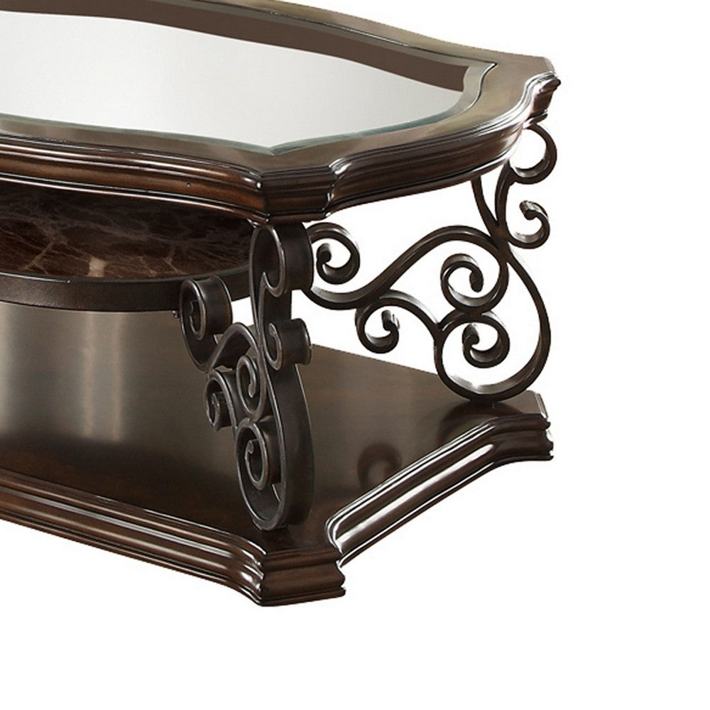 Wood Coffee Table | Tempered Glass Top | Ornate Metal Scrollwork | Brown
