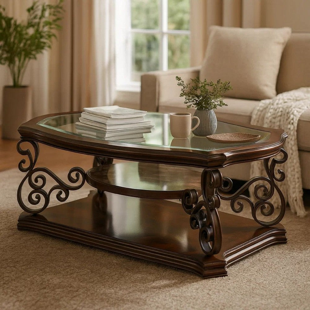 Wood Coffee Table | Tempered Glass Top | Ornate Metal Scrollwork | Brown